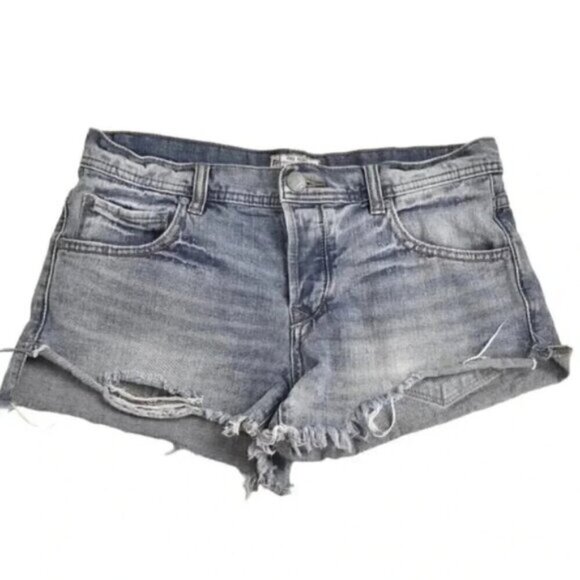 Free People  Jean Shorts Button Fly Distressed Blue Cutoffs Size 27 - Picture 1 of 8